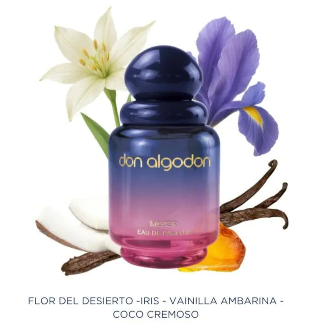 Don Algodon Mujer Eau de Parfum – Estuche Regalo 100 ml + 30 ml | Perfume floral-oriental con Iris, Vainilla Ambarina y Coco
