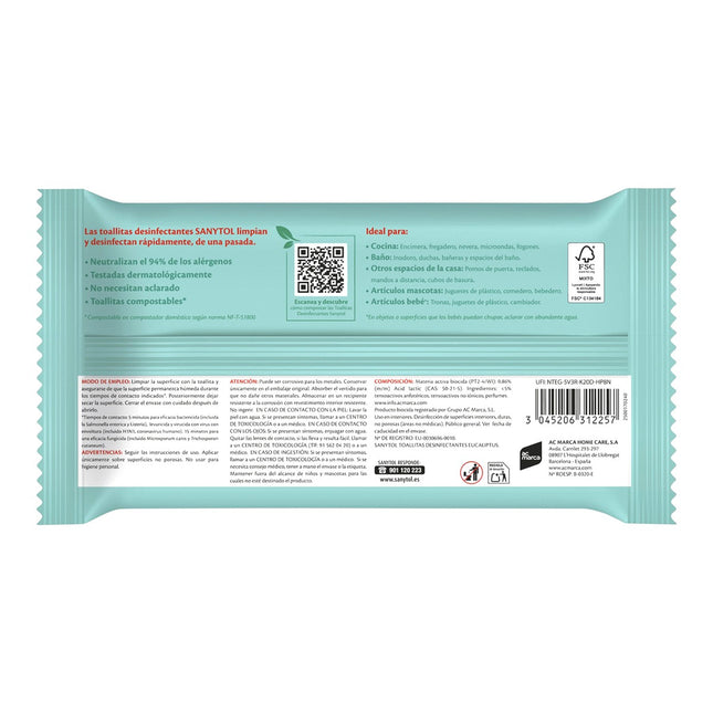 Sanytol Toallitas Desinfectantes Compostables Eucalipto 30 uds – Sin Lejía, Sin Aclarado, 99,9% Limpieza y Desinfección, Testadas Dermatológicamente