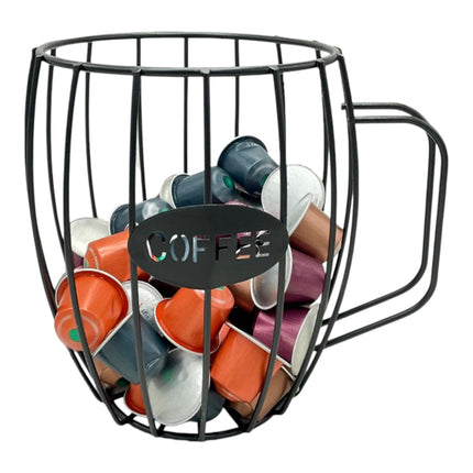 Soporte para cápsulas de café en forma de taza, metal negro, compatible con todo tipo de cápsulas