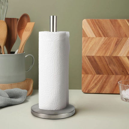 Portarrollos de cocina acero inoxidable, soporte para toallas de papel de encimera, diseño vertical con base redonda estable Ø15x32 cm alto para rollo de cocina