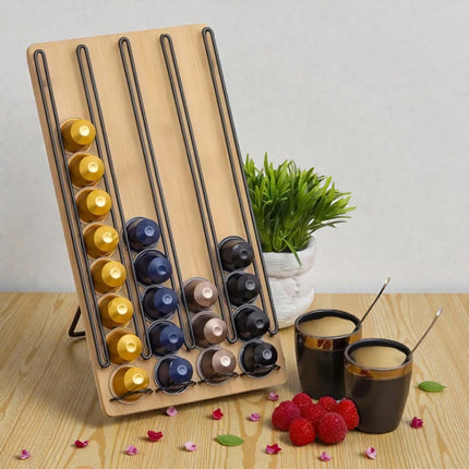 Portacápsulas de café Nespresso de bambú y metal, soporte vertical para 40 cápsulas, organizador de cápsulas para encimera de cocina 35x18x1 cm