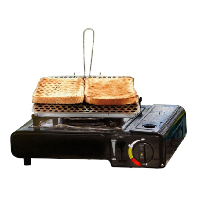 Quttin Tostador de Pan para Cocina de Gas 20 x 20 cm – Parrilla tostadora portátil con base metálica perforada y mango plegable | Tuesta 1–2 rebanadas | Ideal camping, caravana y cocina sin electricidad
