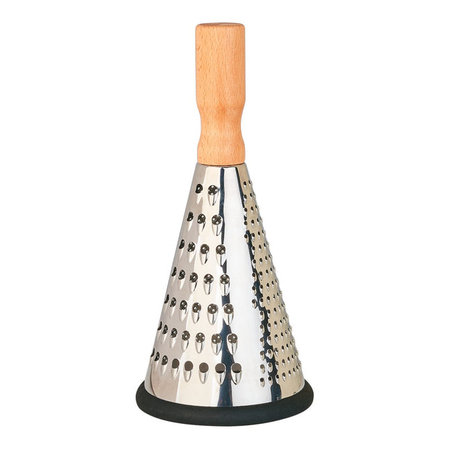 Rallador de cocina cónico de acero inoxidable con mango de madera y base antideslizante, rallador de cono para queso, zanahoria y verduras