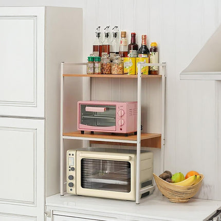 Estantería de cocina metálica blanca/negra con 2 baldas efecto madera, organizador para microondas, horno eléctrico, tostadora y especias, estante auxiliar para encimera o despensa 55 x 35 x 80 cm