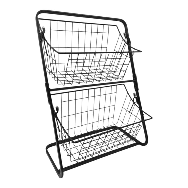Estantería de cocina con 2 cestas, organizador de encimera metálico, frutero de dos pisos para frutas y verduras 39x28x18 cm, color negro
