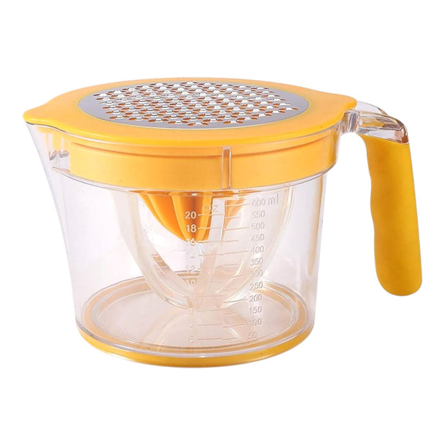 Exprimidor manual con jarra medidora 600 ml y rallador, exprimidor de cítricos 4 en 1 con filtro para pulpa, jarra con asa y pico vertedor, color amarillo