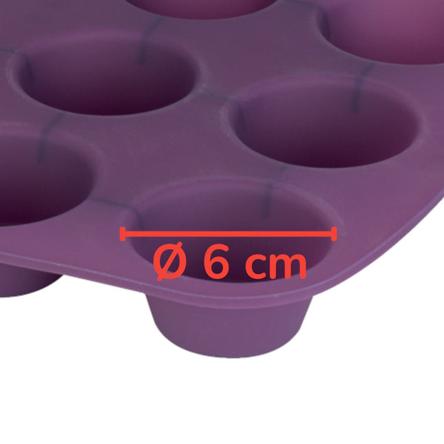 Molde de silicona color morado de 12 Magdalenas Ø 6 cm