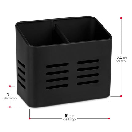 Escurre cubiertos y utensilios de cocina negro 2 compartimentos, organizador para fregadero con ranuras de drenaje, porta cubiertos de plástico 16x9x13,5 cm para encimera y fregadero