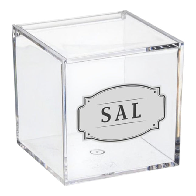 Salero acrílico transparente con tapa y etiqueta decorativa “SAL”, recipiente de cocina para sal común o en escamas, organizador elegante y resistente para mesa y encimera 10X10X10 cm