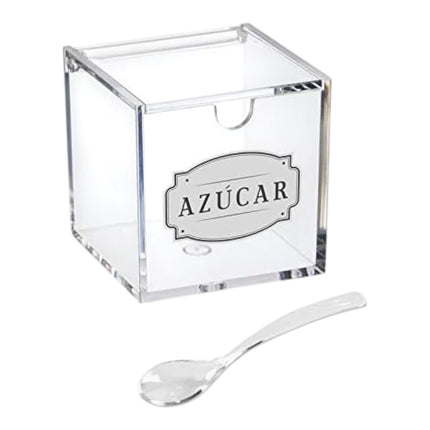 Azucarero acrílico transparente con cuchara incluida, diseño clásico con etiqueta “AZÚCAR”, tapa frontal práctica, ideal para café, infusiones, postres y mesa de cocina u oficina 8X8X8 cm