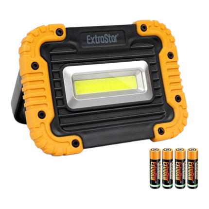 Foco proyector portátil LED COB ExtraStar con soporte plegable y 4 pilas AA incluidas, luz de trabajo multifunción para taller, camping, coche y emergencias, carcasa robusta amarilla y negra
