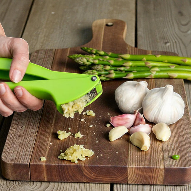 Prensa ajos manual verde, machacador de ajo en acero inoxidable y mango ergonómico, utensilio de cocina para picar ajo y jengibre