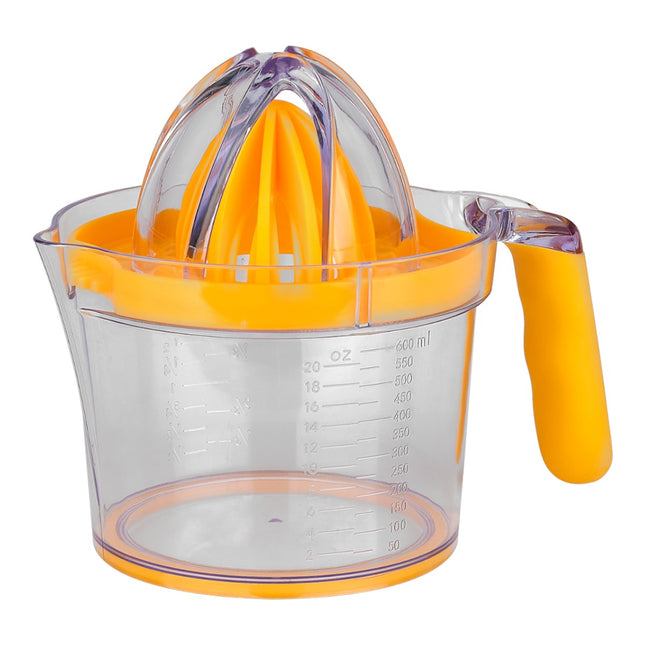 Exprimidor manual con jarra medidora 600 ml y rallador, exprimidor de cítricos 4 en 1 con filtro para pulpa, jarra con asa y pico vertedor, color amarillo