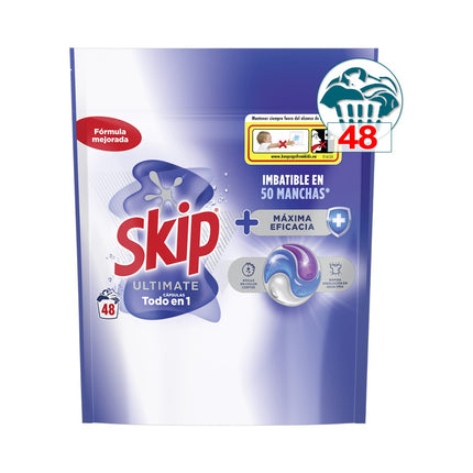 Skip Ultimate Cápsulas Detergente Lavadora Todo en 1 – 48 Lavados | Máxima Eficacia Contra Manchas Difíciles y Cuidado de la Ropa