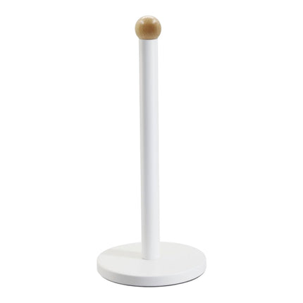 Portarrollos de cocina blanco y madera, soporte vertical para toallas de papel de cocins, diseño nórdico con base estable para rollo de cocina estándar Ø15x34 cm de alto