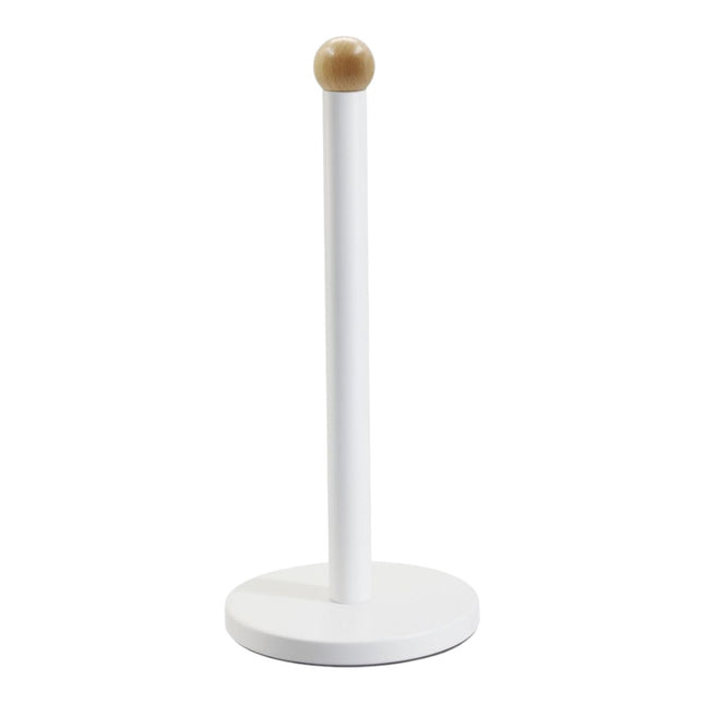 Portarrollos de cocina blanco y madera, soporte vertical para toallas de papel de cocins, diseño nórdico con base estable para rollo de cocina estándar Ø15x34 cm de alto
