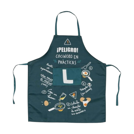 Delantal Divertido “¡Peligro! Cocinero en Prácticas” – Talla Única, Ajustable, Bolsillo con “L”, Color Verde – Regalo Original de Cocina