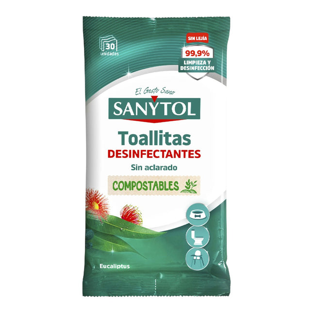 Sanytol Toallitas Desinfectantes Compostables Eucalipto 30 uds – Sin Lejía, Sin Aclarado, 99,9% Limpieza y Desinfección, Testadas Dermatológicamente