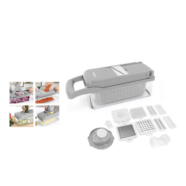 Quttin Cortador de Verduras Multifunción 8 en 1 Mandolina Cocina con Recipiente | Picadora Manual Rallador Rebanador Patatas Zanahoria Cebolla
