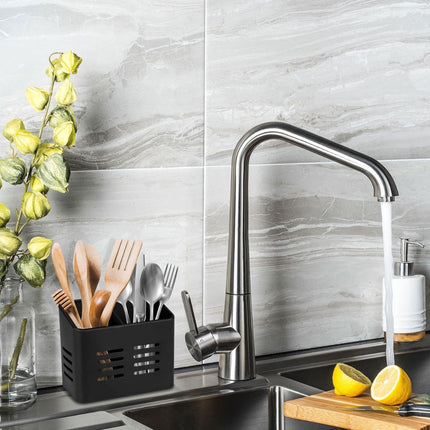 Escurre cubiertos y utensilios de cocina negro 2 compartimentos, organizador para fregadero con ranuras de drenaje, porta cubiertos de plástico 16x9x13,5 cm para encimera y fregadero