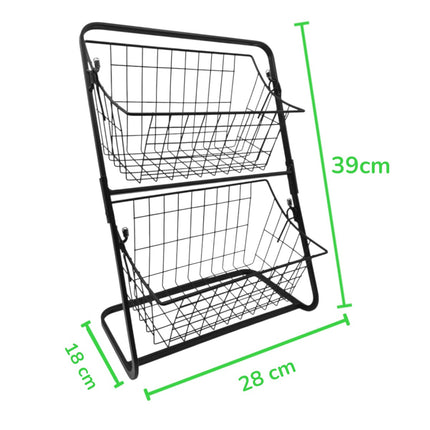 Estantería de cocina con 2 cestas, organizador de encimera metálico, frutero de dos pisos para frutas y verduras 39x28x18 cm, color negro