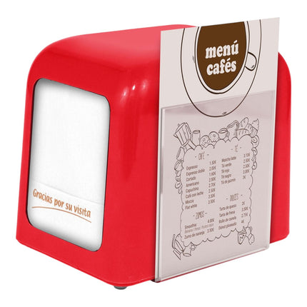 Servilletero rojo/negro de sobremesa con portamenús frontal transparente, dispensador de servilletas tipo bar para cafeterías, restaurantes y hogares, diseño compacto, resistente y fácil de rellenar