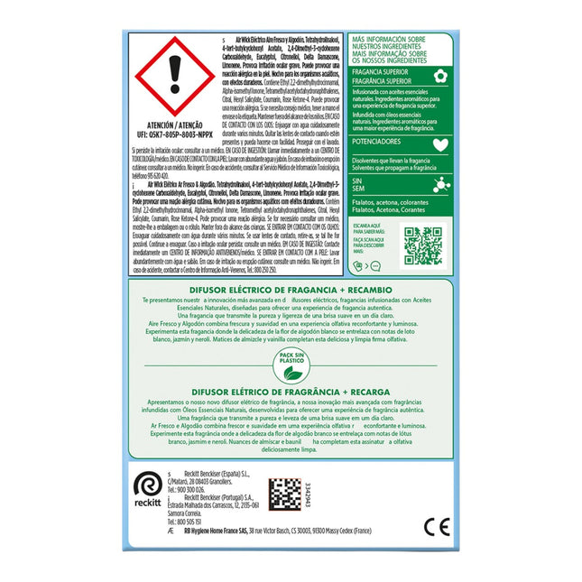 Air Wick Difusor Inteligente Eléctrico + Recambio Aire Fresco y Algodón, Ambientador 19 ml