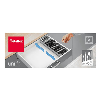 Metaltex Uni-Fit Organizador Cubertero Ajustable para Cajón, Bandeja para Cubiertos y Utensilios, con 3 Separadores Móviles, Pies Antideslizantes, Gris, 40/49 x 15 x 6 cm