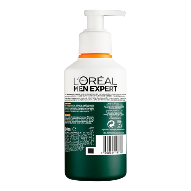 L’Oréal Paris Men Expert Derma Control Gel Limpiador Purificante, Limpiador Facial Hombre con 2% Ácido Salicílico y Niacinamida, Piel Grasa con Tendencia Acnéica, 260 ml
