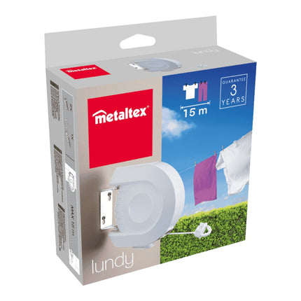 Metaltex Lundy Tendedero Retráctil de Pared 15 m, Cuerda para Tender Ropa Interior y Exterior, Tendedero Extensible Blanco con Soporte de Fijación