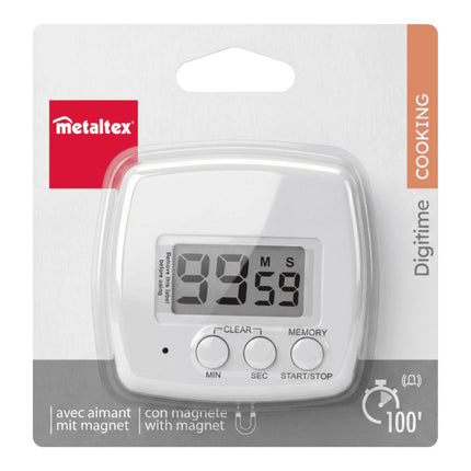 Metaltex Digitime Minutero Digital de Cocina con Imán, Temporizador 100 Minutos, Soporte Trasero, Pantalla LCD, Blanco, Plástico ABS