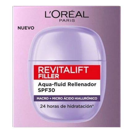 L'Oréal Paris Revitalift Filler Aqua-Fluid Rellenador SPF30, Hidratante Facial con Ácido Hialurónico, Protección Solar, Textura Ligera, 40 ml