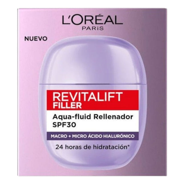 L'Oréal Paris Revitalift Filler Aqua-Fluid Rellenador SPF30, Hidratante Facial con Ácido Hialurónico, Protección Solar, Textura Ligera, 40 ml