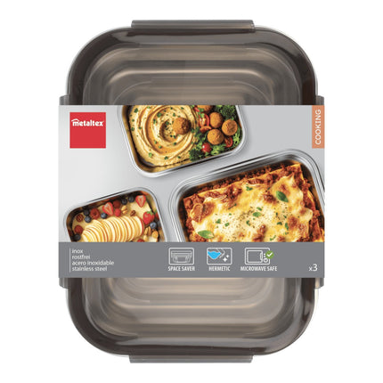 Metaltex Set 3 Contenedores Herméticos de Acero Inoxidable, Fiambreras Reutilizables 650/1300/2250 ml, Aptos para Microondas y Horno sin Tapa, Lavavajillas, Tapa con Cierre Antifugas