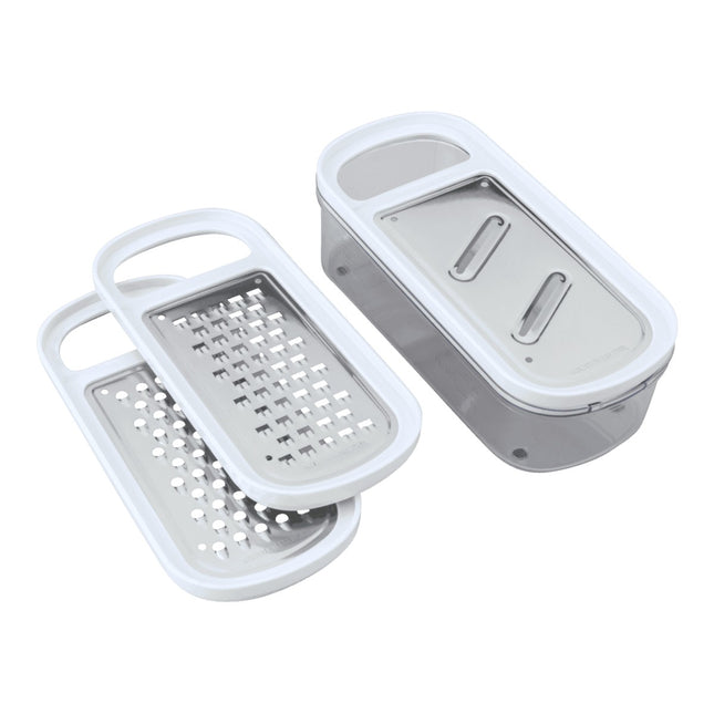 Metaltex Rap-Box Rallador con Contenedor 3 en 1, 3 Cuchillas Intercambiables de Acero Inoxidable, Rallador Queso/Grueso/Rebanador, Base Antideslizante, Blanco/Transparente