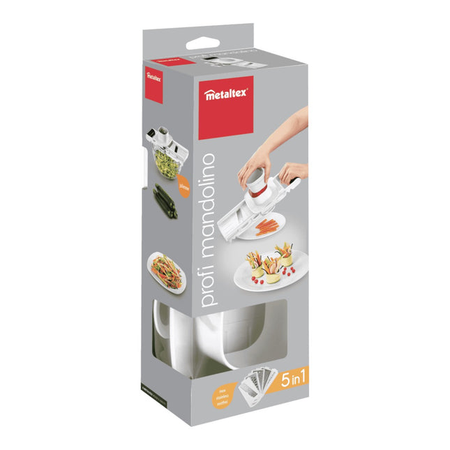 Metaltex Profi Mandolino 5 en 1 Mandolina Cortadora de Verduras con Cuchillas Intercambiables, Rallador y Cortador de Cocina, Color Blanco