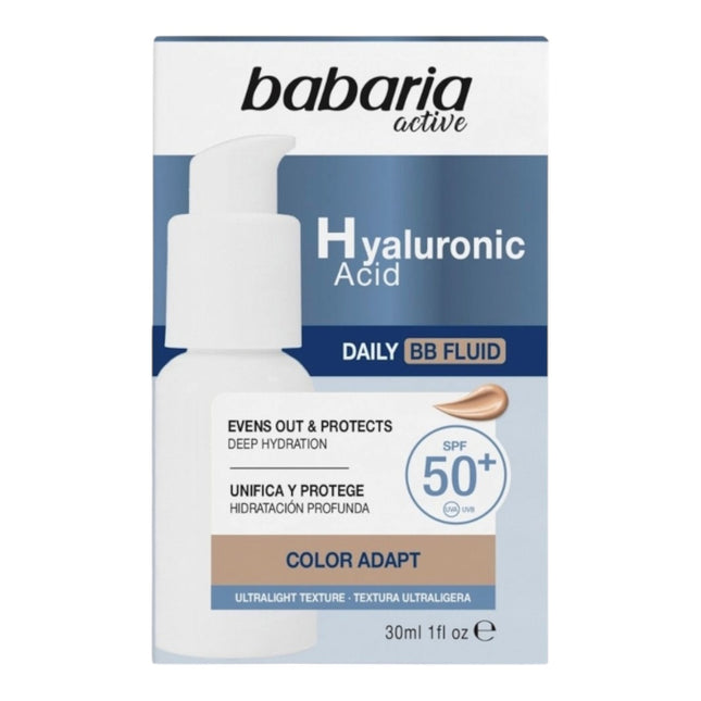 Babaria Hyaluronic Acid Daily BB Fluid SPF50+, Fluido Facial con Color, Ácido Hialurónico, Niacinamida, Protección Solar Alta, 30 ml