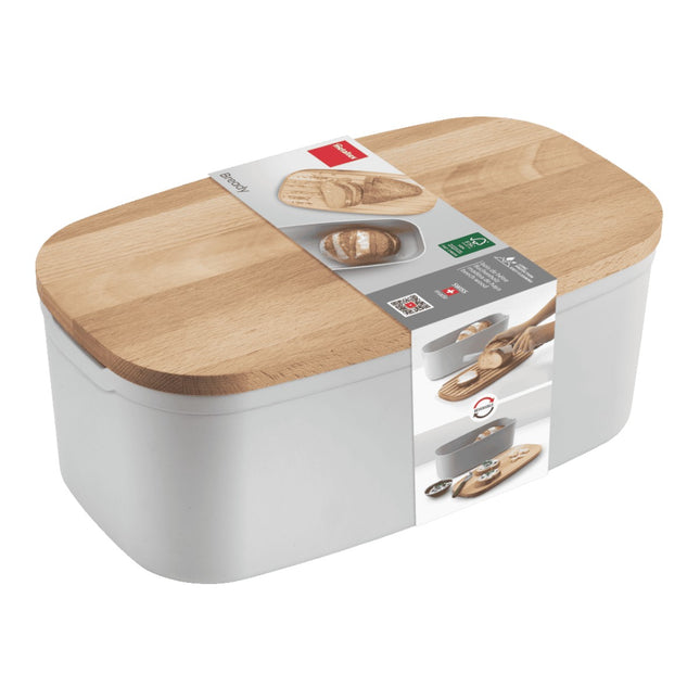 Metaltex Bready Panera con Tabla de Cortar, Caja para Pan 2 en 1 con Tapa de Madera de Haya Ranurada, Contenedor de PP Apto para Alimentos, 20 x 35 x 14 cm