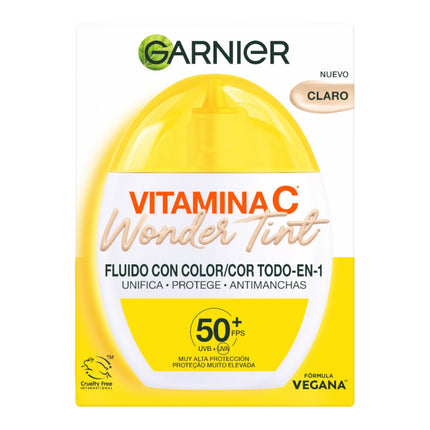 Garnier Vitamina C Wonder Tint Fluido con Color Todo en 1 Tono Claro, SPF50+, Hidratante Facial con Niacinamida y Vitamina C, Fórmula Vegana 40 ml
