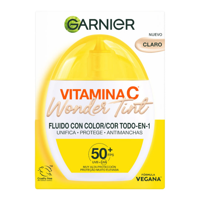 Garnier Vitamina C Wonder Tint Fluido con Color Todo en 1 Tono Claro, SPF50+, Hidratante Facial con Niacinamida y Vitamina C, Fórmula Vegana 40 ml