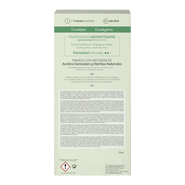 Ambar Botanic Mikado Infusión Eucalipto 75 ml, Ambientador con Varillas, Difusor de Aroma con Aceites Esenciales y Hierbas Naturales, 0% Alcohol, Duración +3 Meses