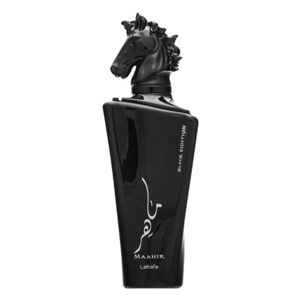Lattafa Maahir Black Edition Eau de Parfum 100 ml, Perfume Unisex Oriental Amaderado, Fragancia Intensa con Cuero, Especias y Cedro