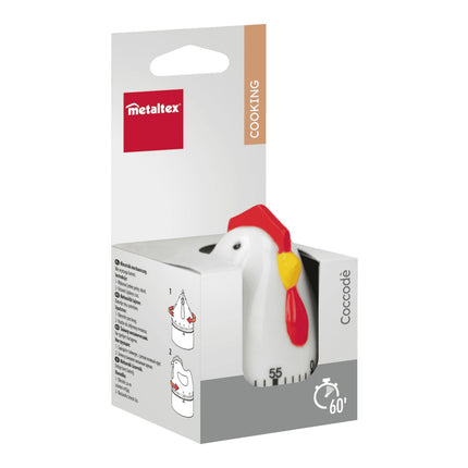 Metaltex Coccodé Minutero de Cocina Mecánico 60 Minutos, Temporizador con Forma de Gallina, Sin Pilas, Plástico ABS, Autoportante, Blanco/Rojo