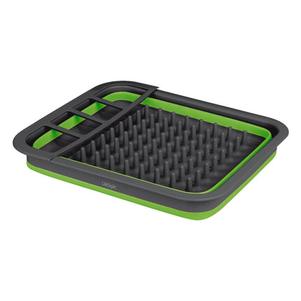 Escurreplatos Plegable con Portacubiertos, Escurridor de Vajilla para Cocina, Bandeja Escurridora Compacta para Platos, Vasos y Cubiertos, Color Verde y Negro