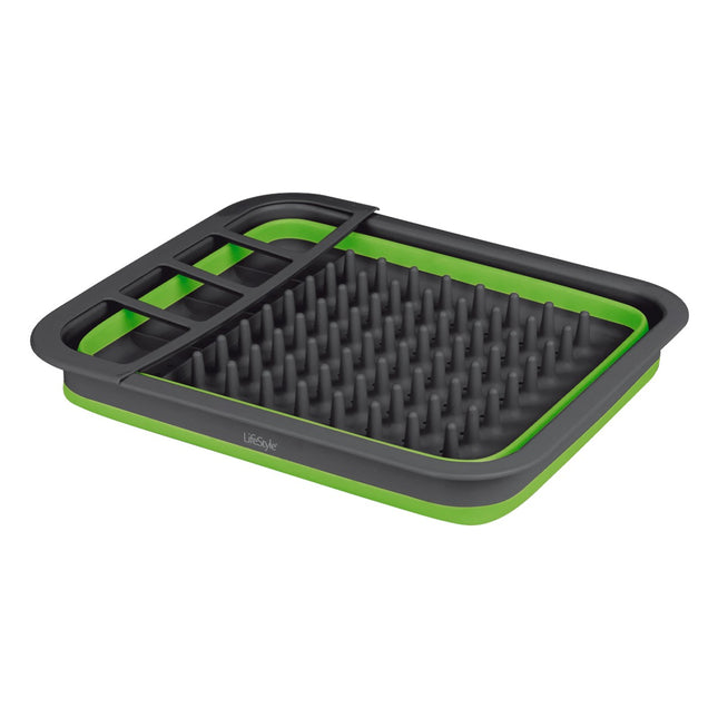 Escurreplatos Plegable con Portacubiertos, Escurridor de Vajilla para Cocina, Bandeja Escurridora Compacta para Platos, Vasos y Cubiertos, Color Verde y Negro