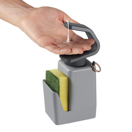 Metaltex Soaptex Dispensador de Jabón con Estropajero, Dosificador de Cocina con Soporte para Esponja, Base Antideslizante y Colgador de Anillos, Plástico ABS Gris, 330 ml, 11 x 8 x 22 cm