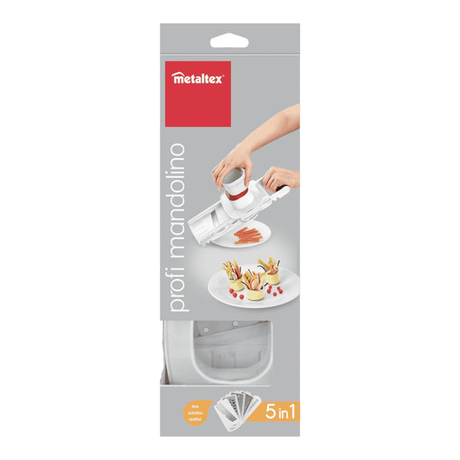 Metaltex Profi Mandolino 5 en 1 Mandolina Cortadora de Verduras con Cuchillas Intercambiables, Rallador y Cortador de Cocina, Color Blanco