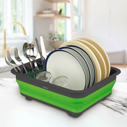Escurreplatos Plegable con Portacubiertos, Escurridor de Vajilla para Cocina, Bandeja Escurridora Compacta para Platos, Vasos y Cubiertos, Color Verde y Negro