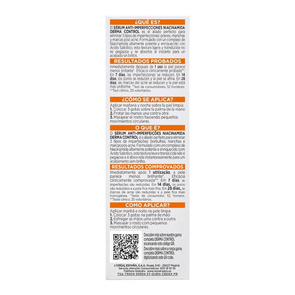 L’Oréal Paris Men Expert Derma Control Sérum Anti-Imperfecciones 30 ml, con 3% Niacinamida y Ácido Salicílico, para Piel Grasa con Tendencia Acnéica
