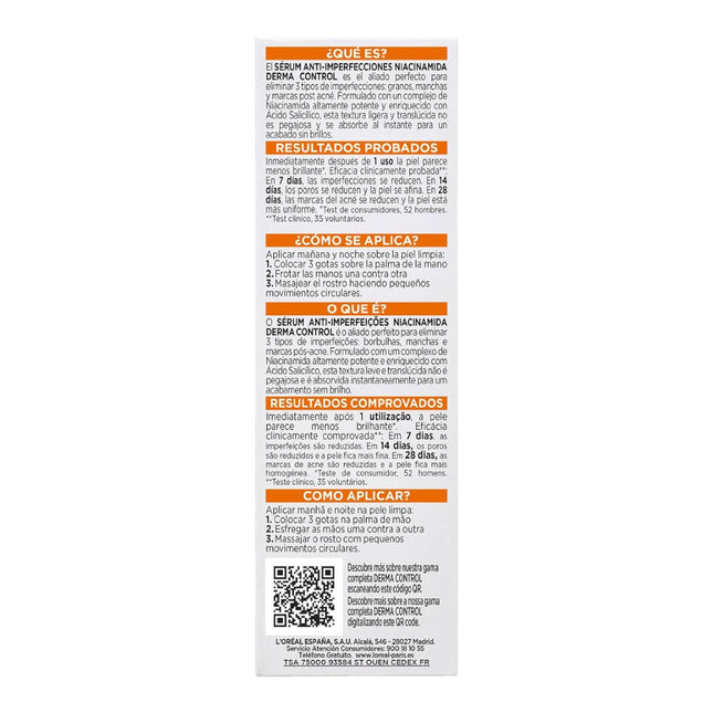 L’Oréal Paris Men Expert Derma Control Sérum Anti-Imperfecciones 30 ml, con 3% Niacinamida y Ácido Salicílico, para Piel Grasa con Tendencia Acnéica